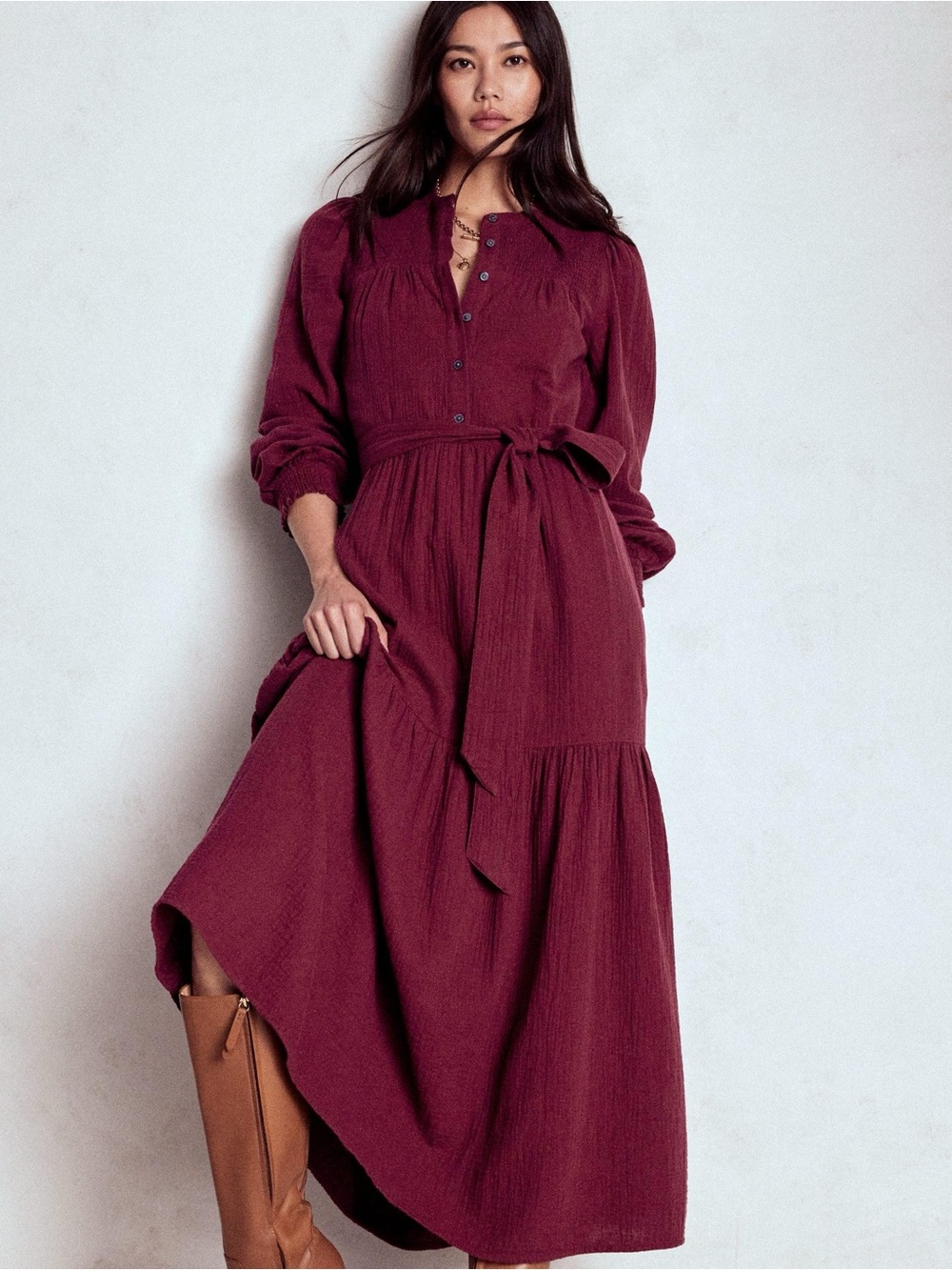 Boden Cecily Maroon Purple  Double Cloth Midi Button Down Dress Tie Waist Size 8